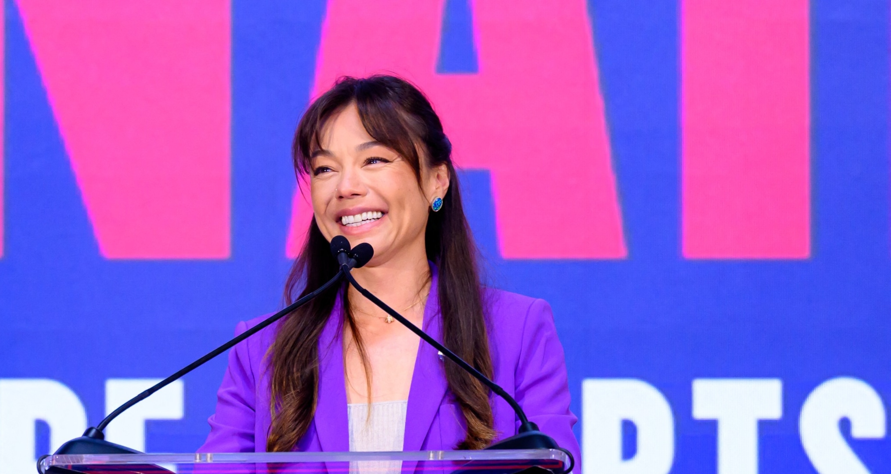 PHOTO: Independent Vice Presidential candidate Nicole Shanahan speaks during a campaign event at the Henry J. Kaiser Event Center in Oakland, Calif., on March 26, 2024.