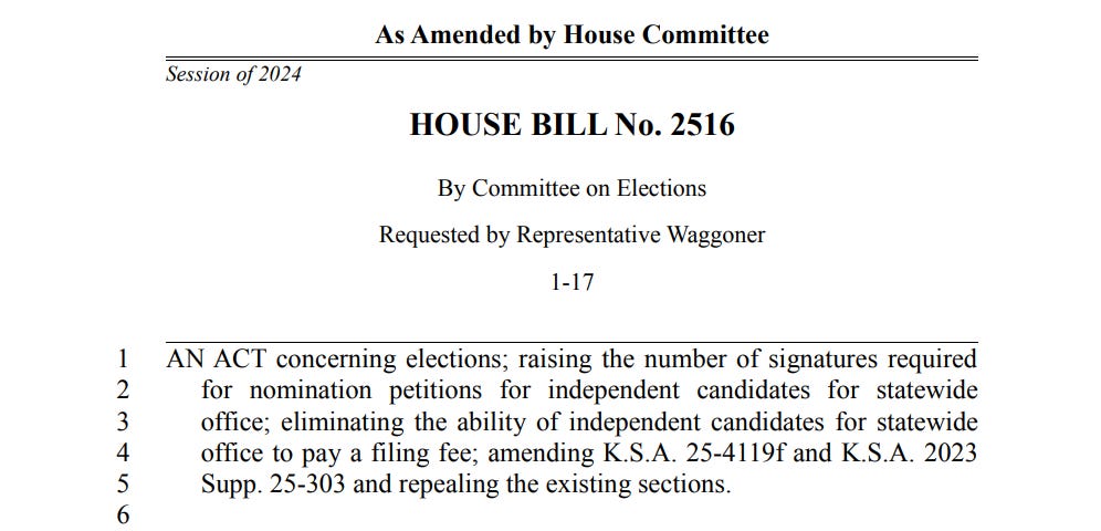 House Bill #2516: AN ACT concerning elections; raising the number of signatures required for nomination petitions for independent candidates for statewide office; eliminating the ability of independent candidates for statewide office to pay a filing fee; amending K.S.A. 25-4119f and K.S.A. 2023 Supp. 25-303 and repealing the existing sections.